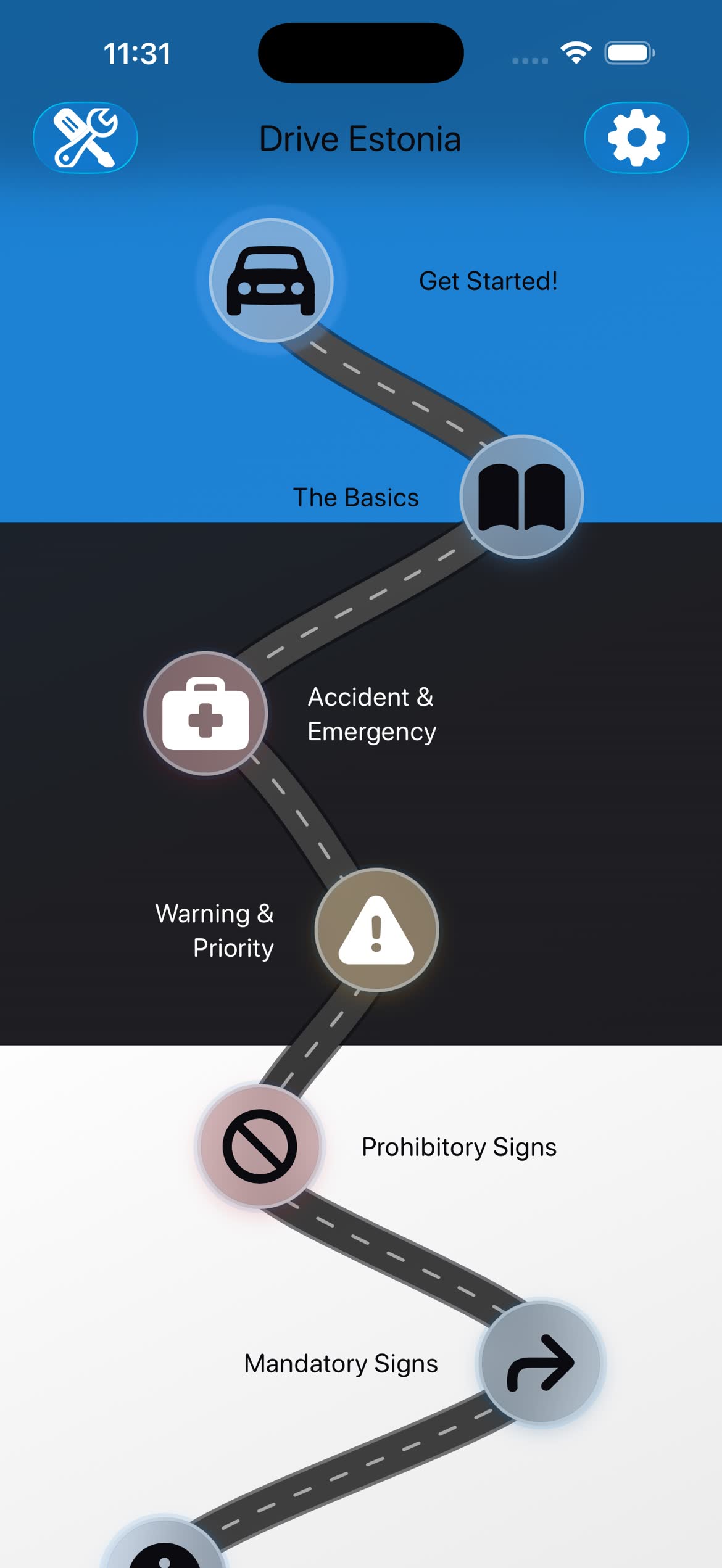 Drive Estonia landing screen with a road path through lesson categories.