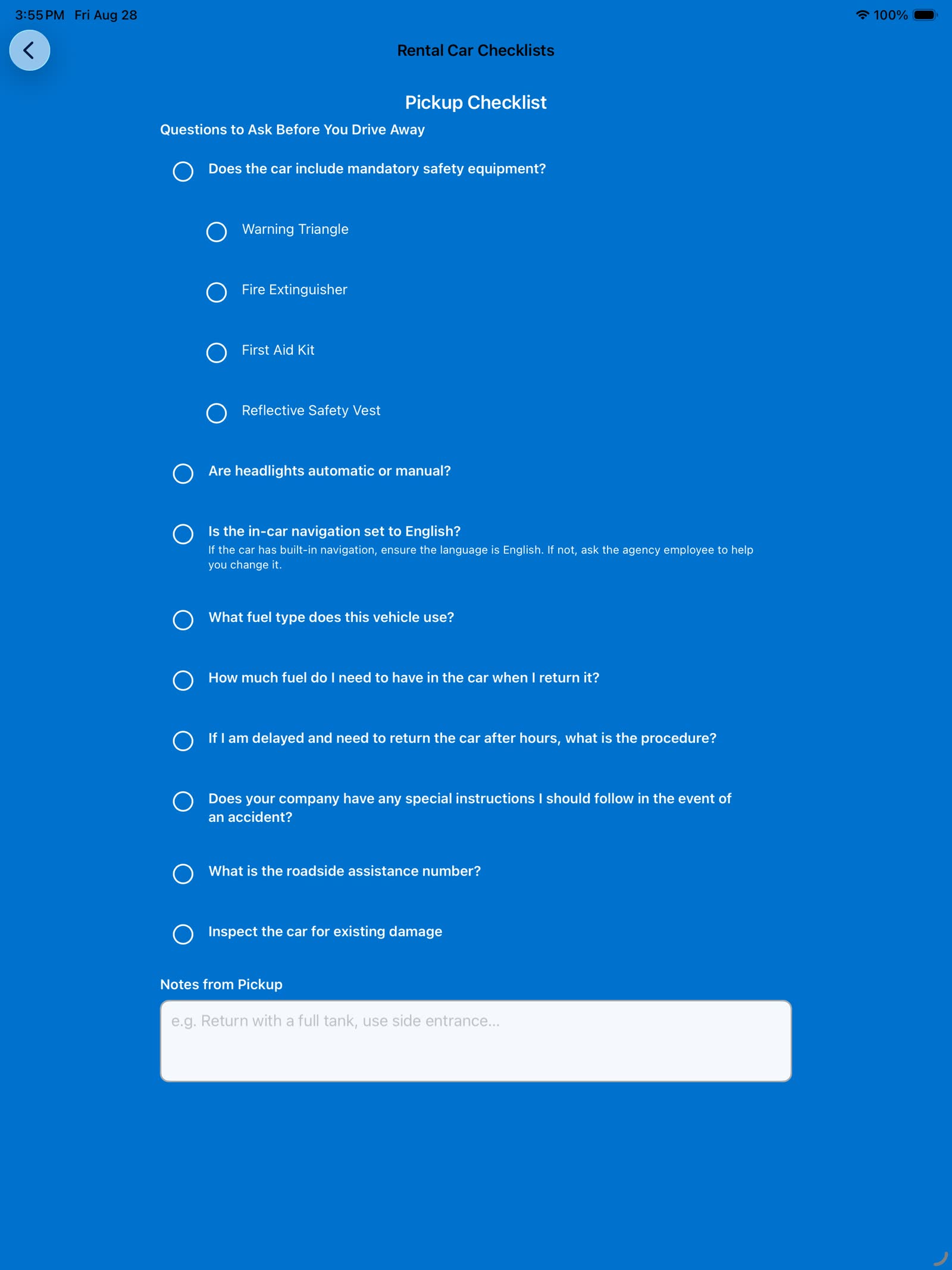 Drive Estonia iPad rental checklist screen with pickup questions and note field.