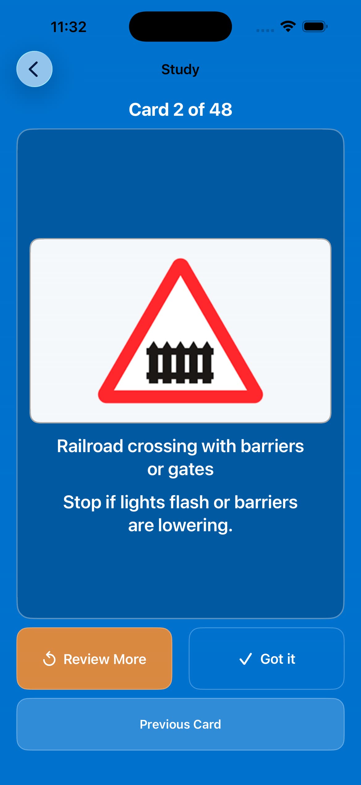 Drive Estonia study card showing a railroad crossing sign with barriers or gates.