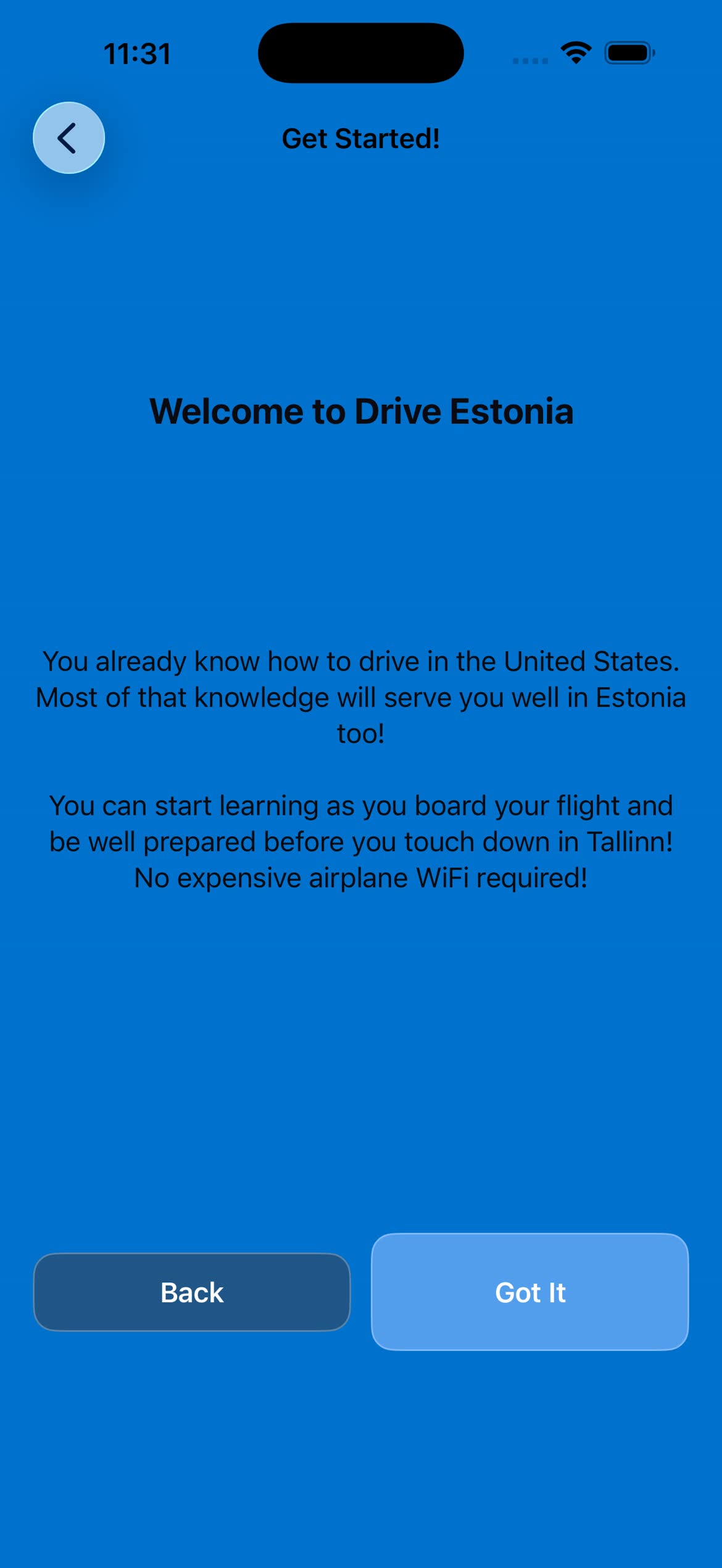 Drive Estonia welcome screen explaining that US driving knowledge still helps in Estonia.